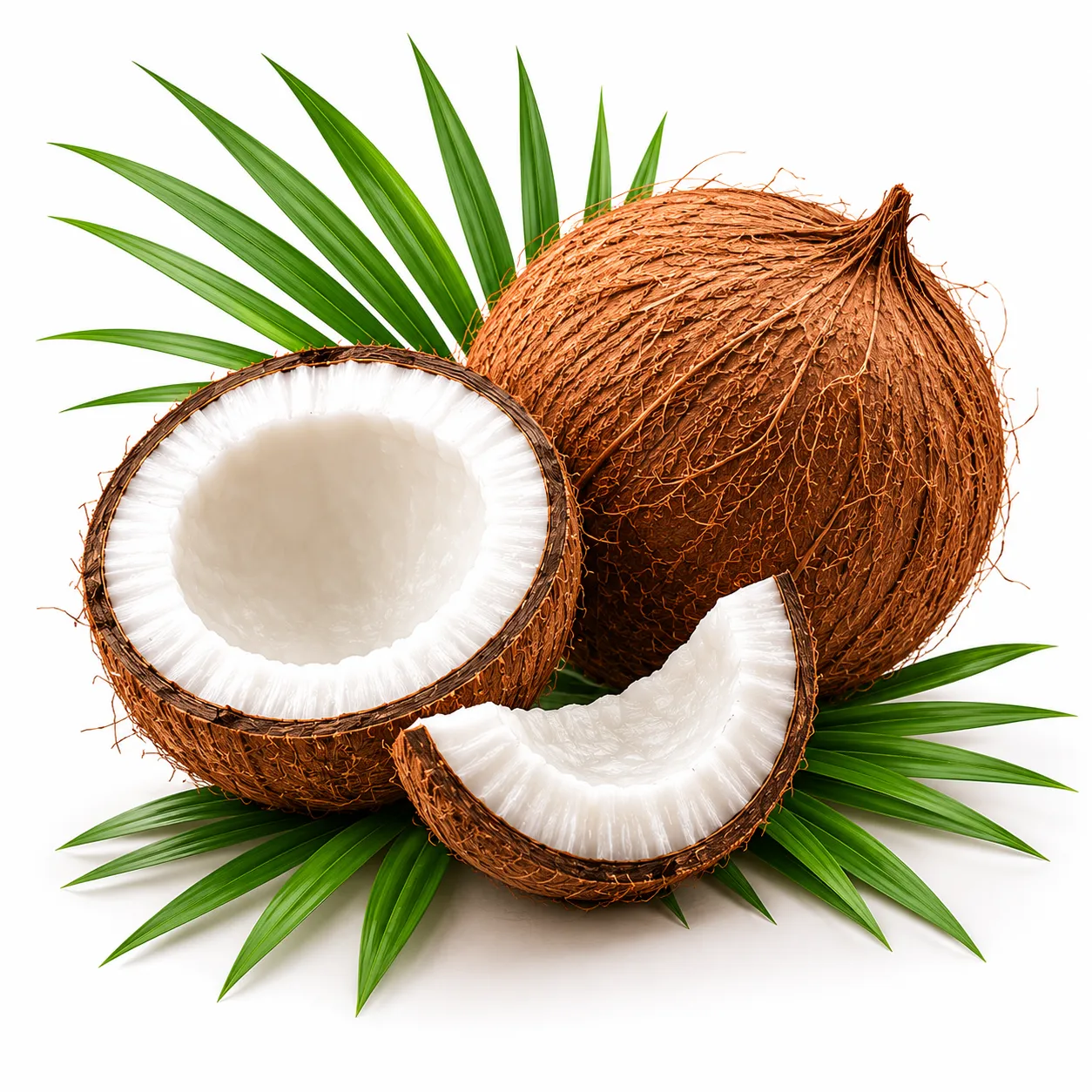 Organic Sliced Coconut with Palm Leaf Illustration